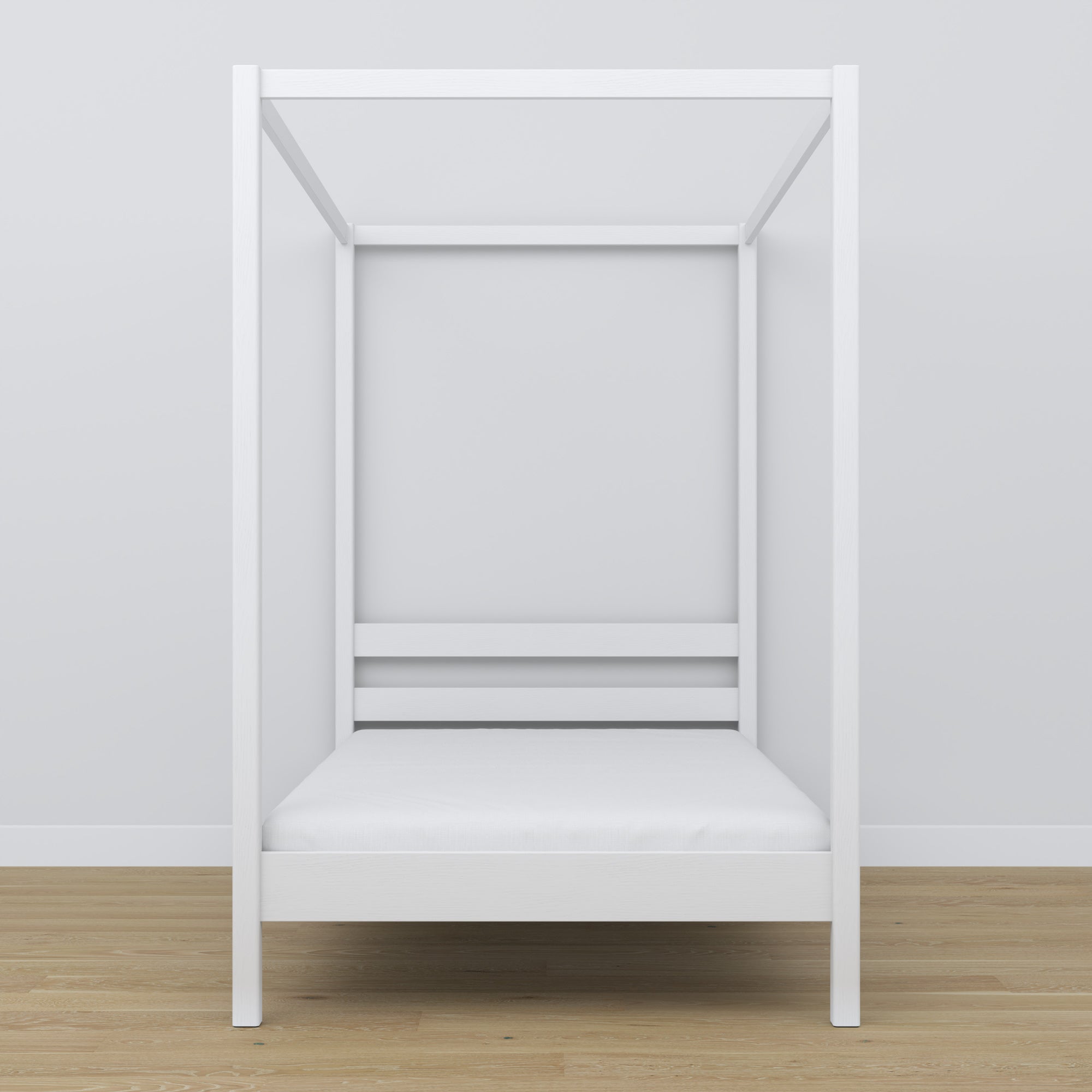 Wooden canopy bed white – side view, furniture proportions