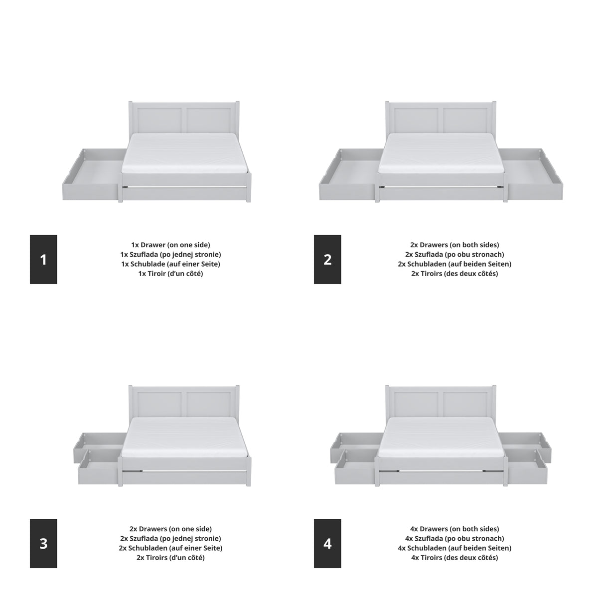 Letto matrimoniale grigio con cassetto in camera da letto – allestimento scandinava