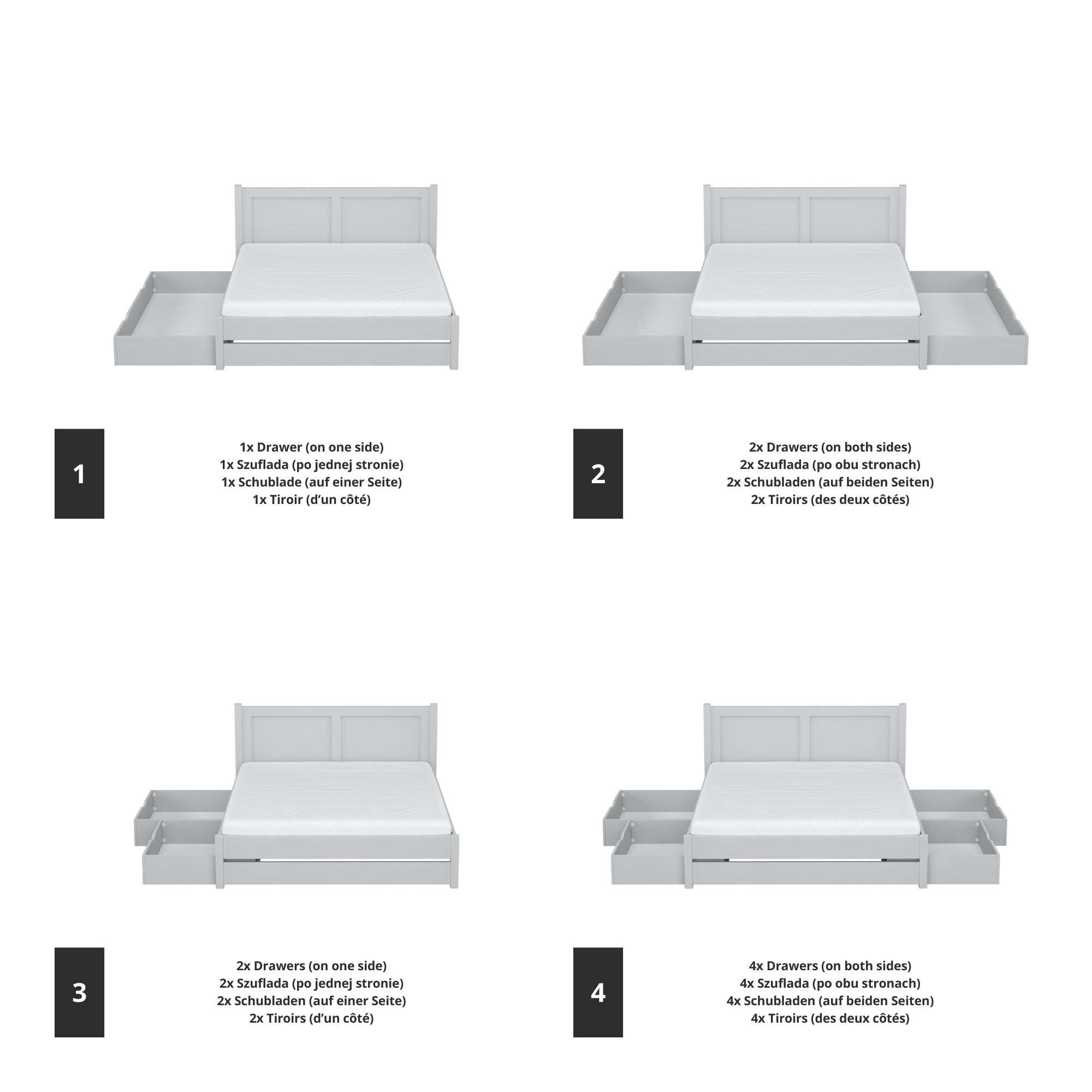 Letto matrimoniale grigio con cassetto in camera da letto – allestimento scandinava