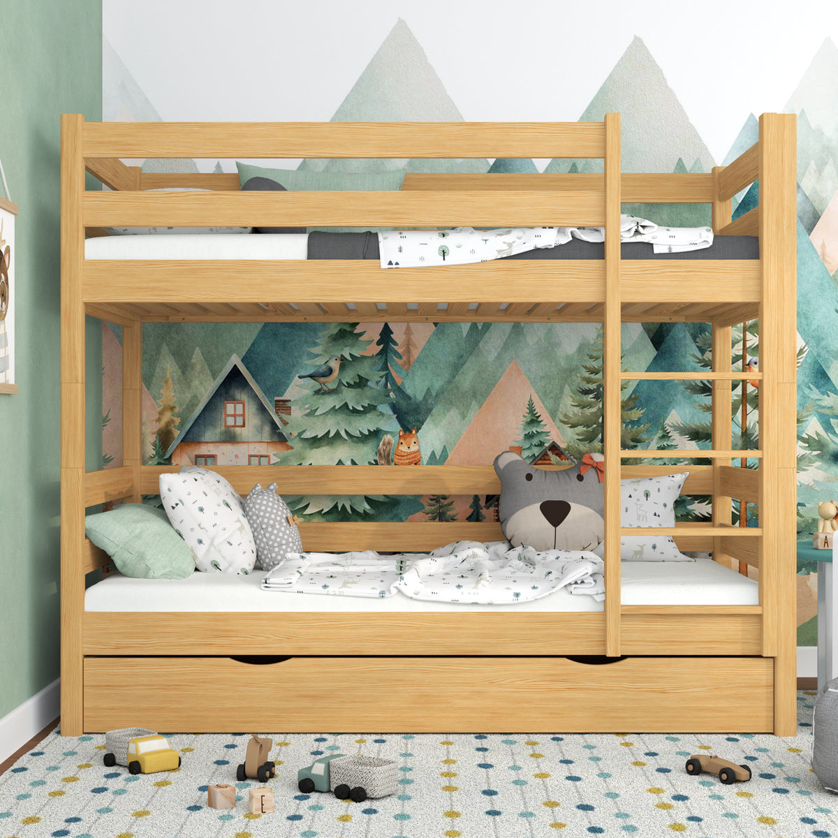Letto a castello pino naturale con cassetto – sponda e scala in legno, Nizio