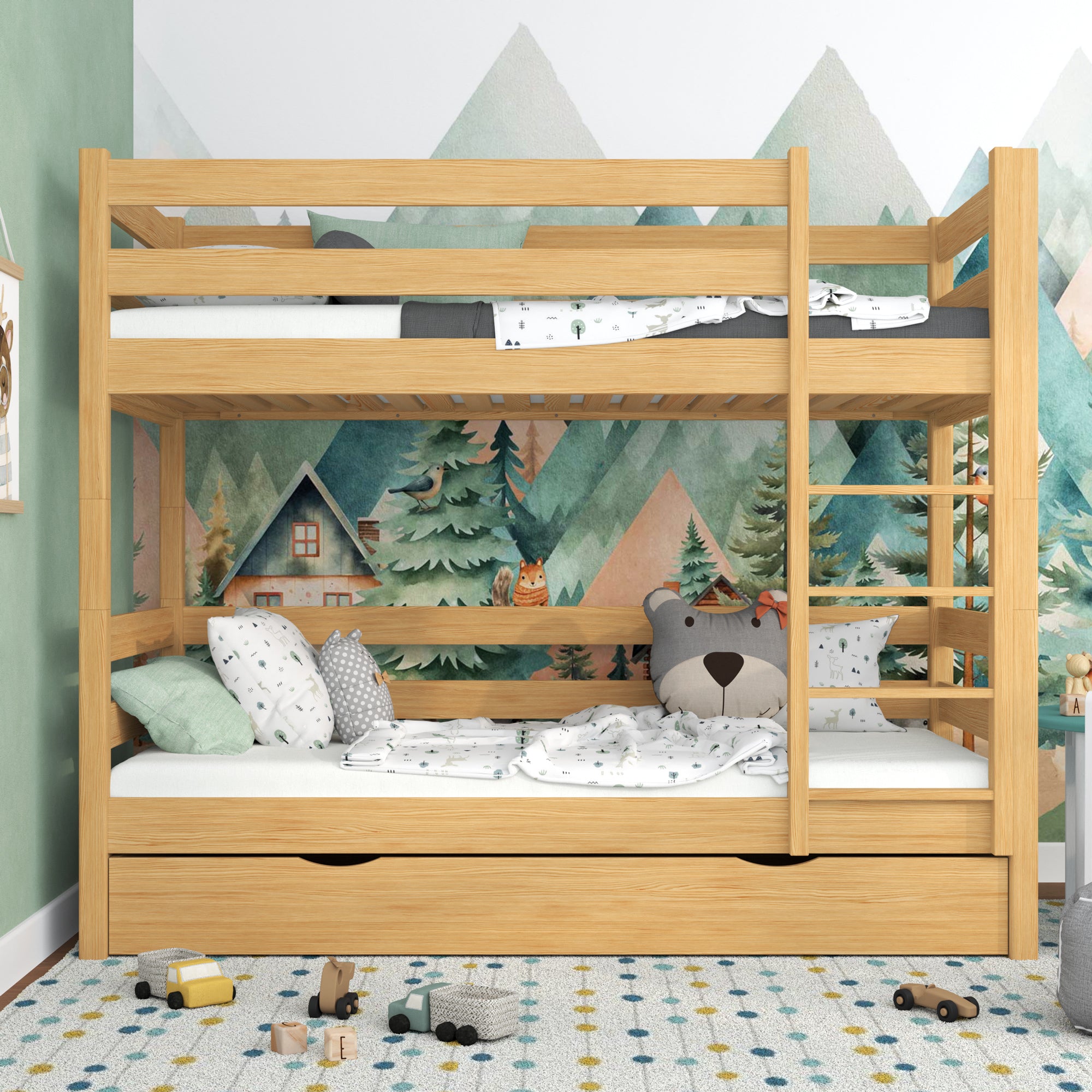 Letto a castello pino naturale con cassetto – sponda e scala in legno, Nizio