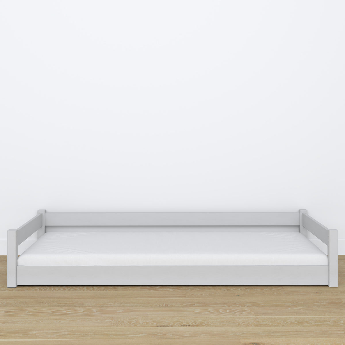 Low Bed Grey in Bedroom – Scandinavian Arrangement, Wooden