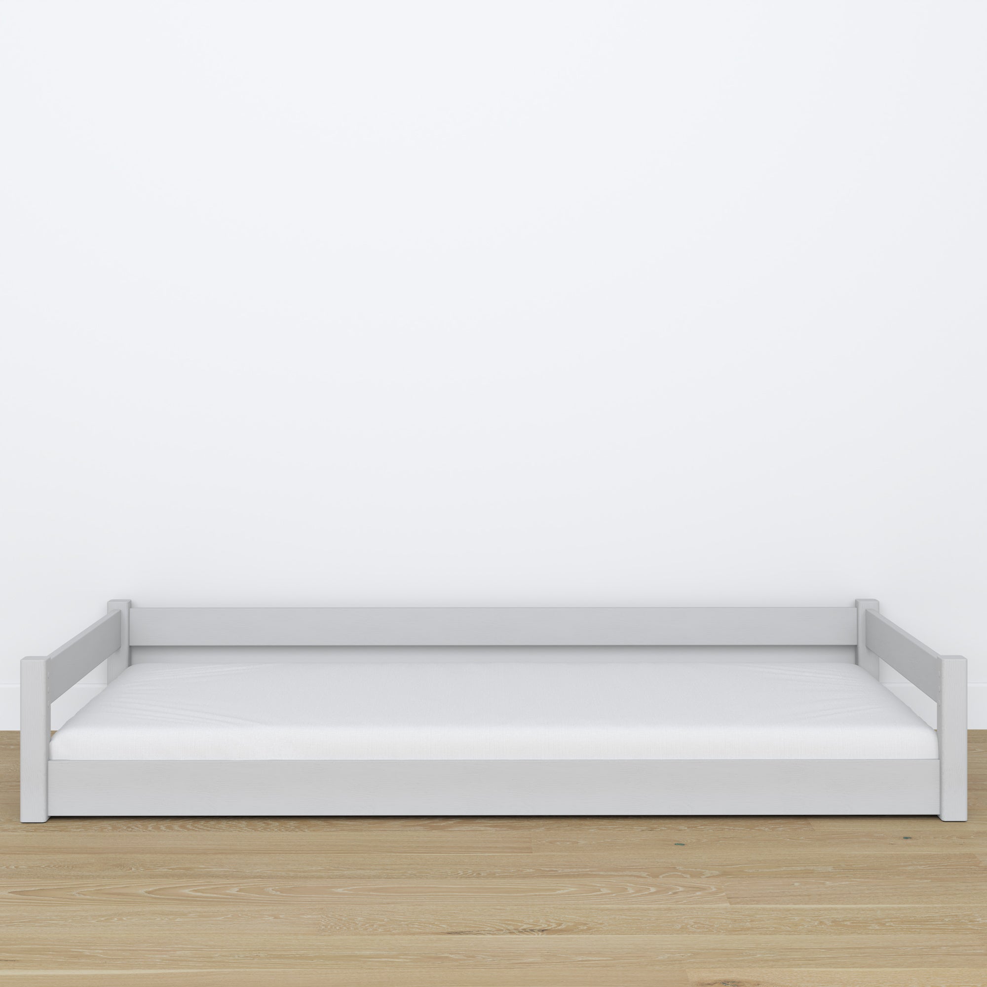 Low Bed Grey in Bedroom – Scandinavian Arrangement, Wooden