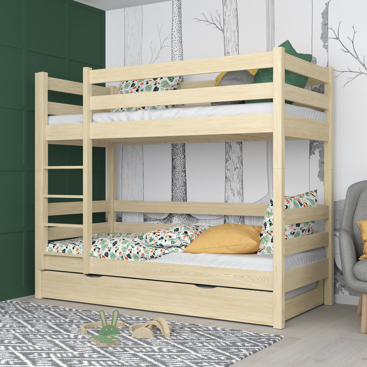 Clear Pine Wooden Bunk Bed – Ladder, Rails, Drawer for Extra Mattress