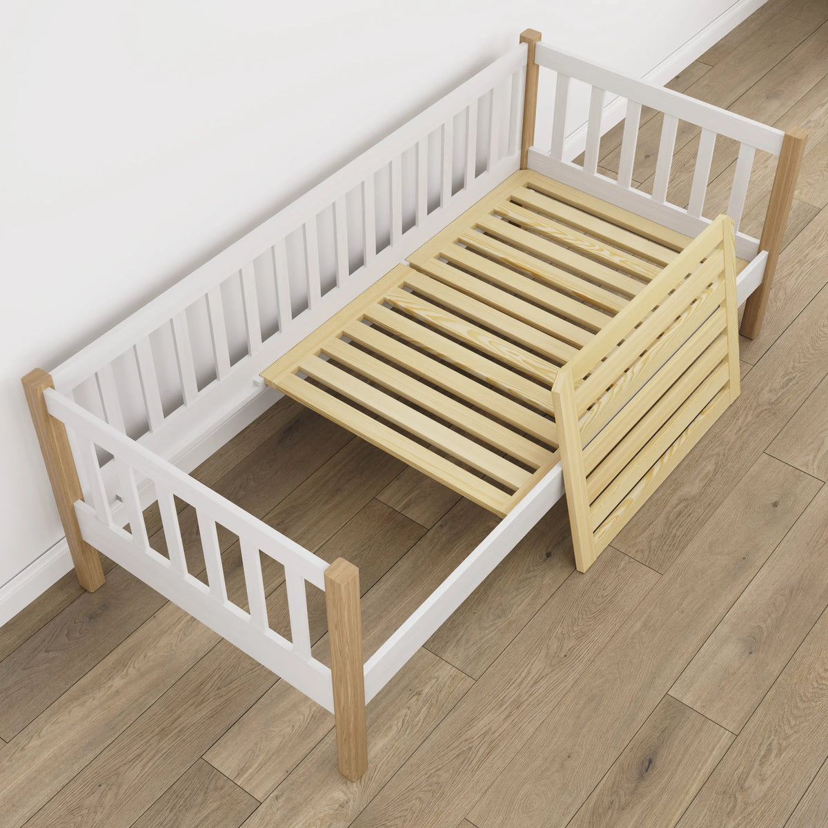 Letto divano in legno bianco con quercia – dettaglio legno e giunzioni, Nizio Home