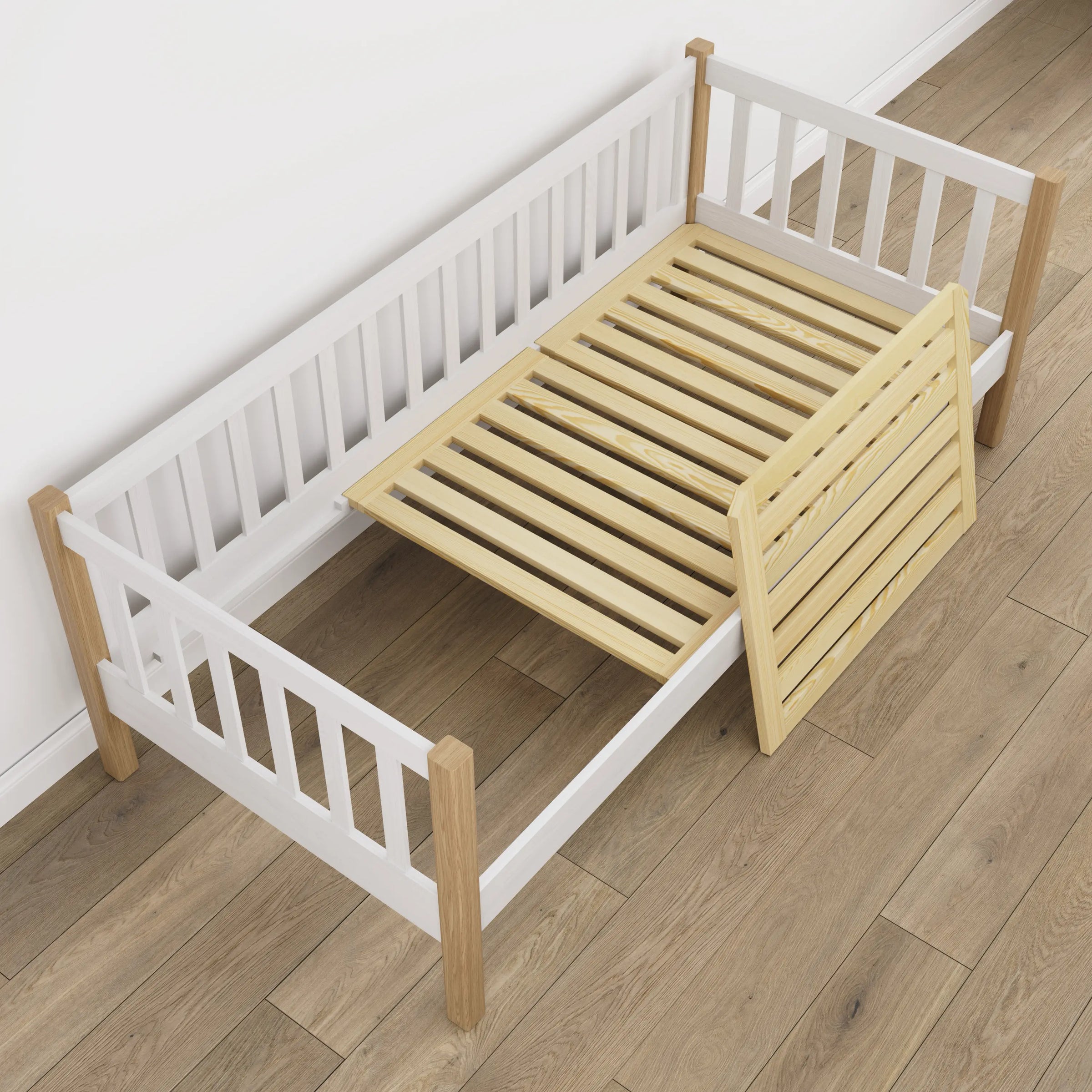 Letto divano in legno bianco con quercia – dettaglio legno e giunzioni, Nizio Home