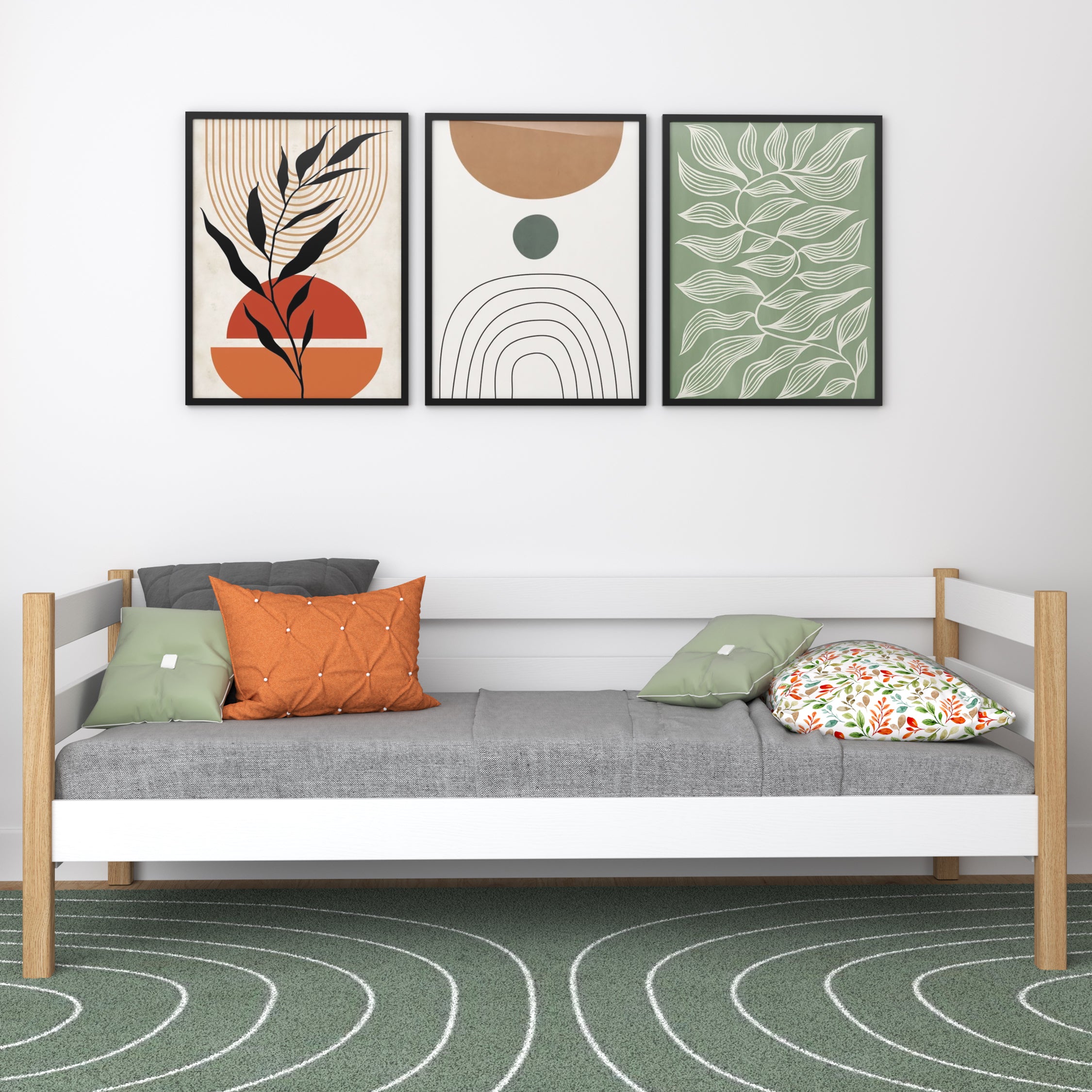 Letto divano bianco-quercia – laterale sponda in legno, sicurezza per bambini