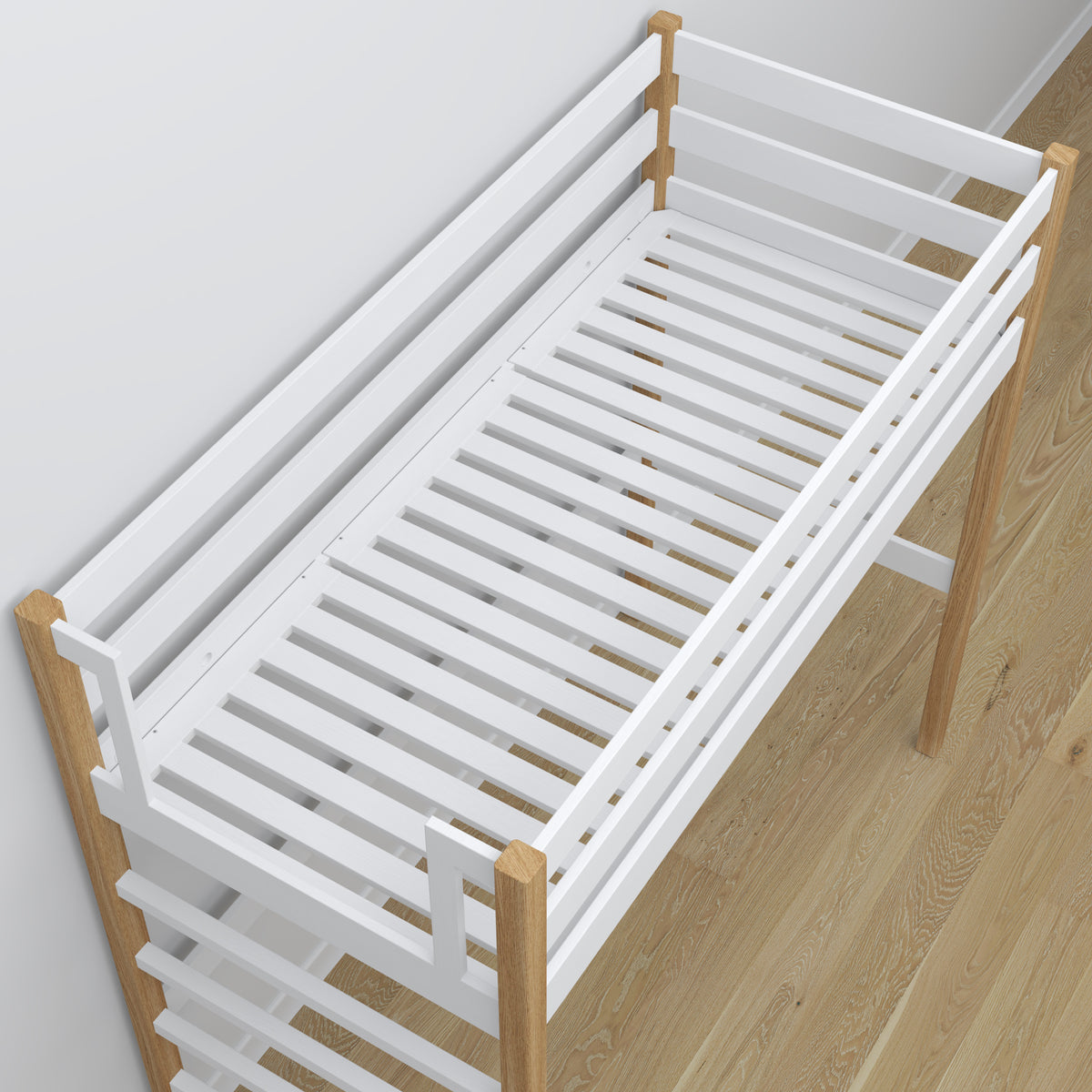 Letto a soppalco con scrivania in legno bianco-quercia – dettaglio giunzioni e scala
