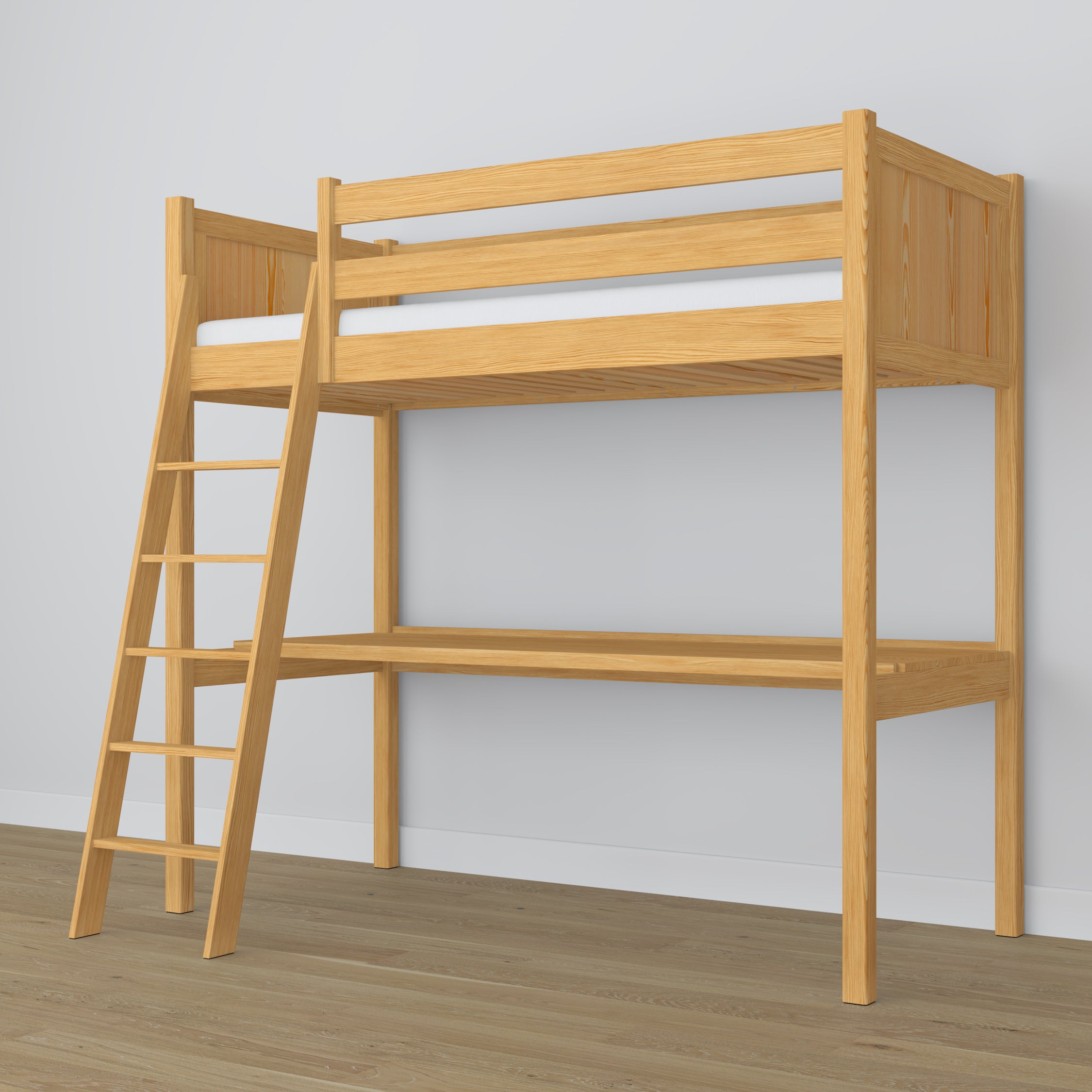 Loft bed natural pine – wooden desk under the sleeping area, scandi children’s room