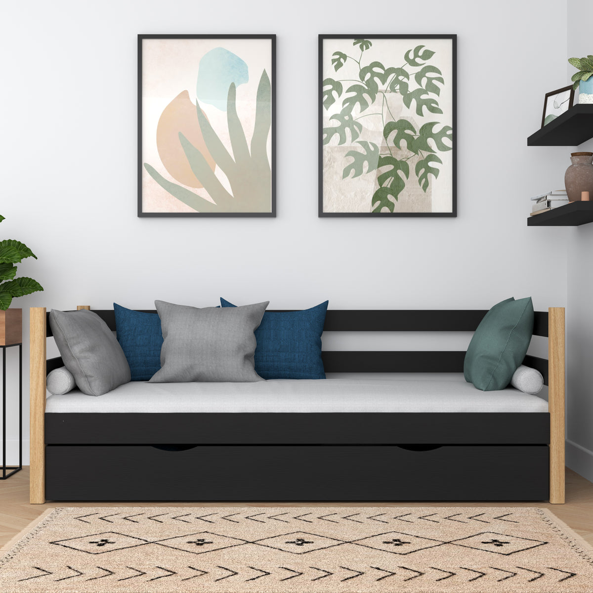 Łóżko sofa z szufladą N01 czarno dębowy – widok z boku, solidna konstrukcja drewniana