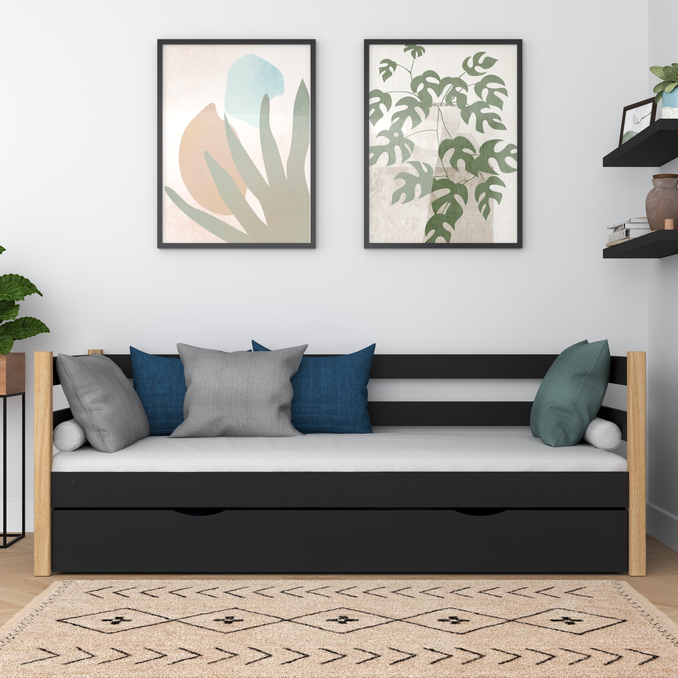 Łóżko sofa z szufladą N01 czarno dębowy – widok z boku, solidna konstrukcja drewniana