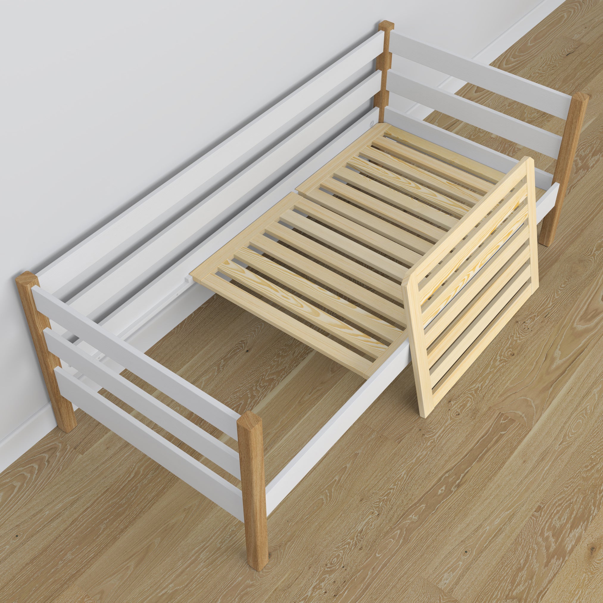 Łóżko sofa drewniane biało-dębowy – widok ukośny, scandi