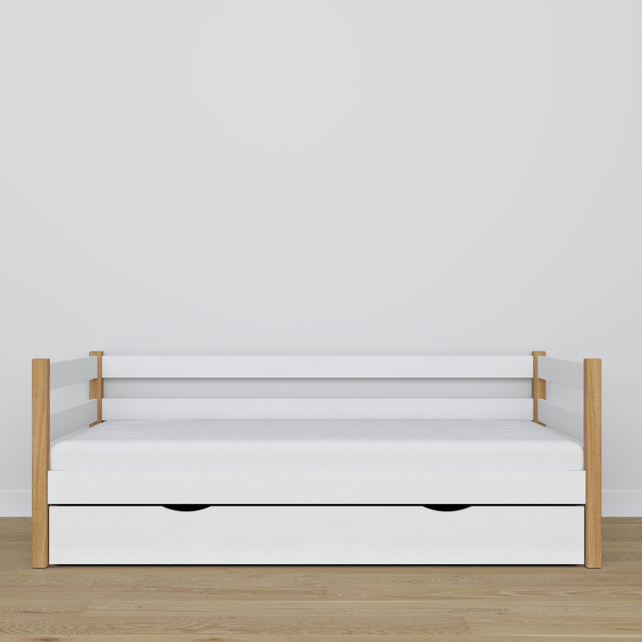Łóżko sofa z szufladą biało-dębowy z drewna – wymiary i schemat, Nizio