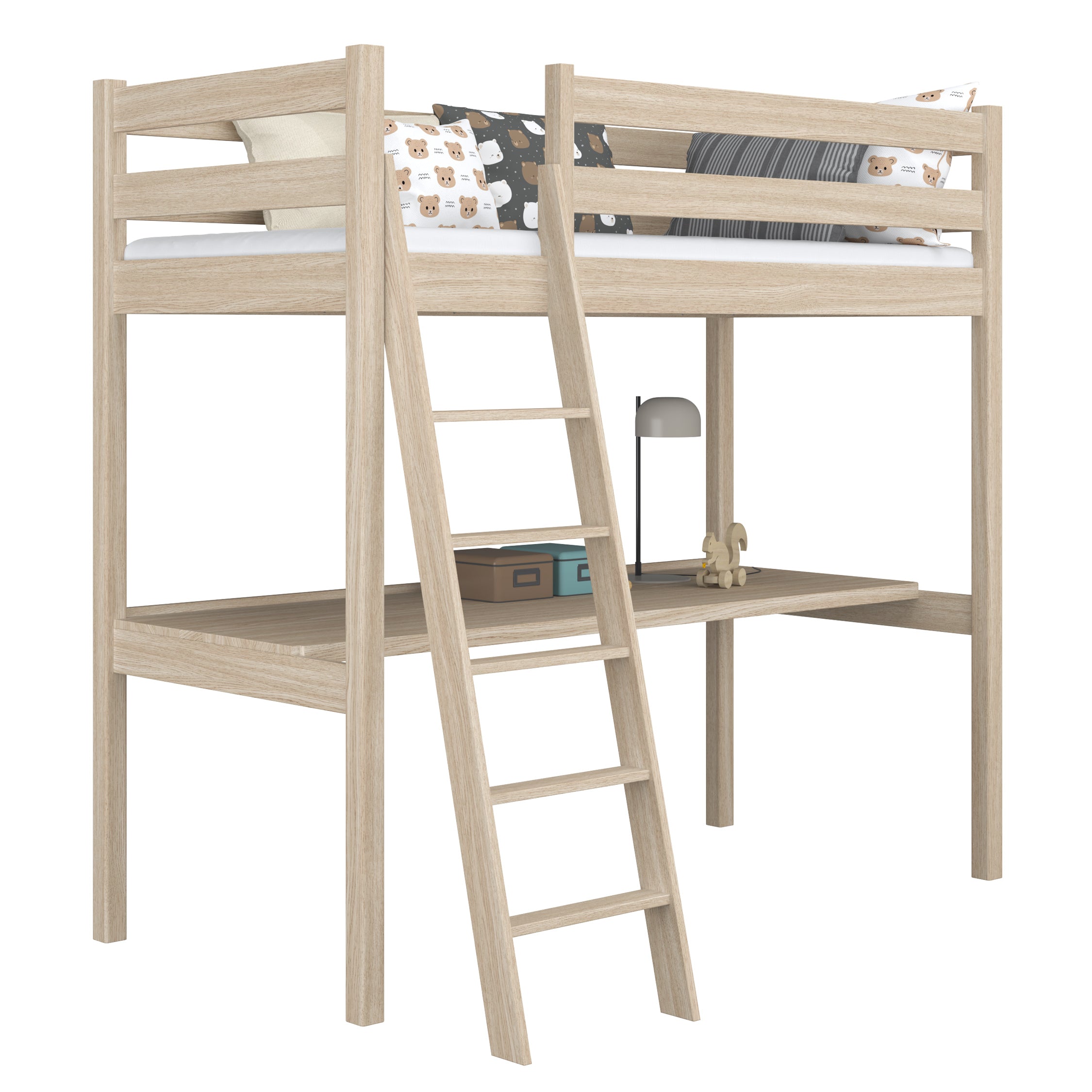Letto a soppalco con scrivania in rovere sbiancata – stanza per bambini, scandi Nizio