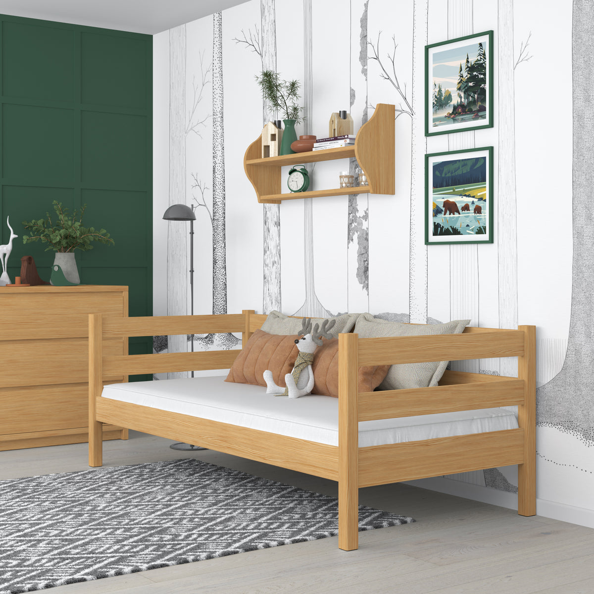 Letto divano in legno pino naturale – vista laterale, volume del mobile del mobile e proporzioni del mobile