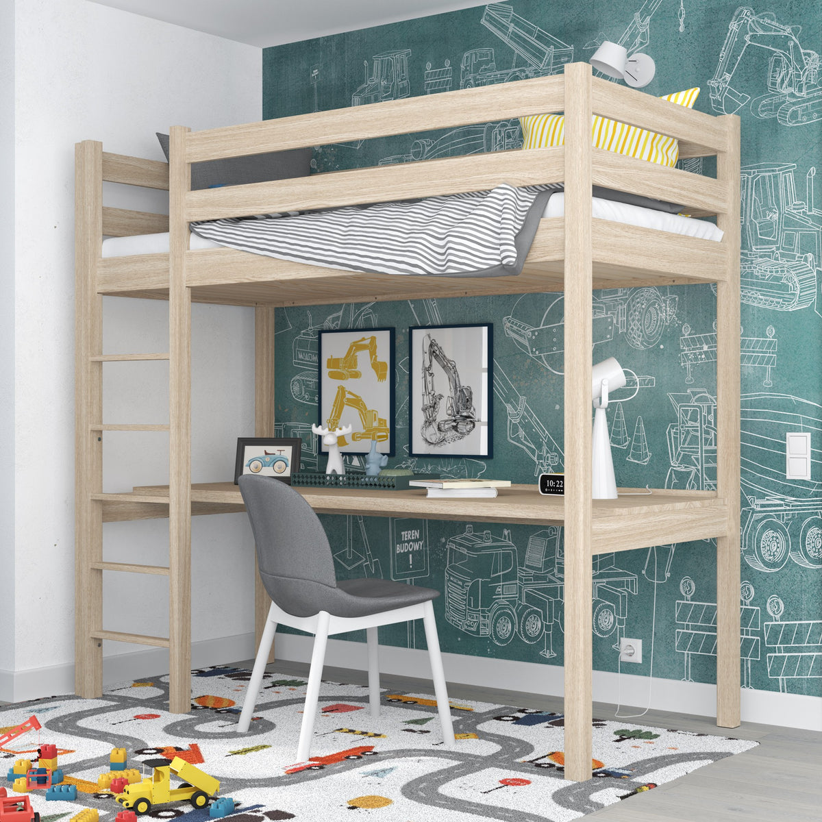 Oak Loft Bed with Desk Bleached Oak – Ladder and Safety Rail
