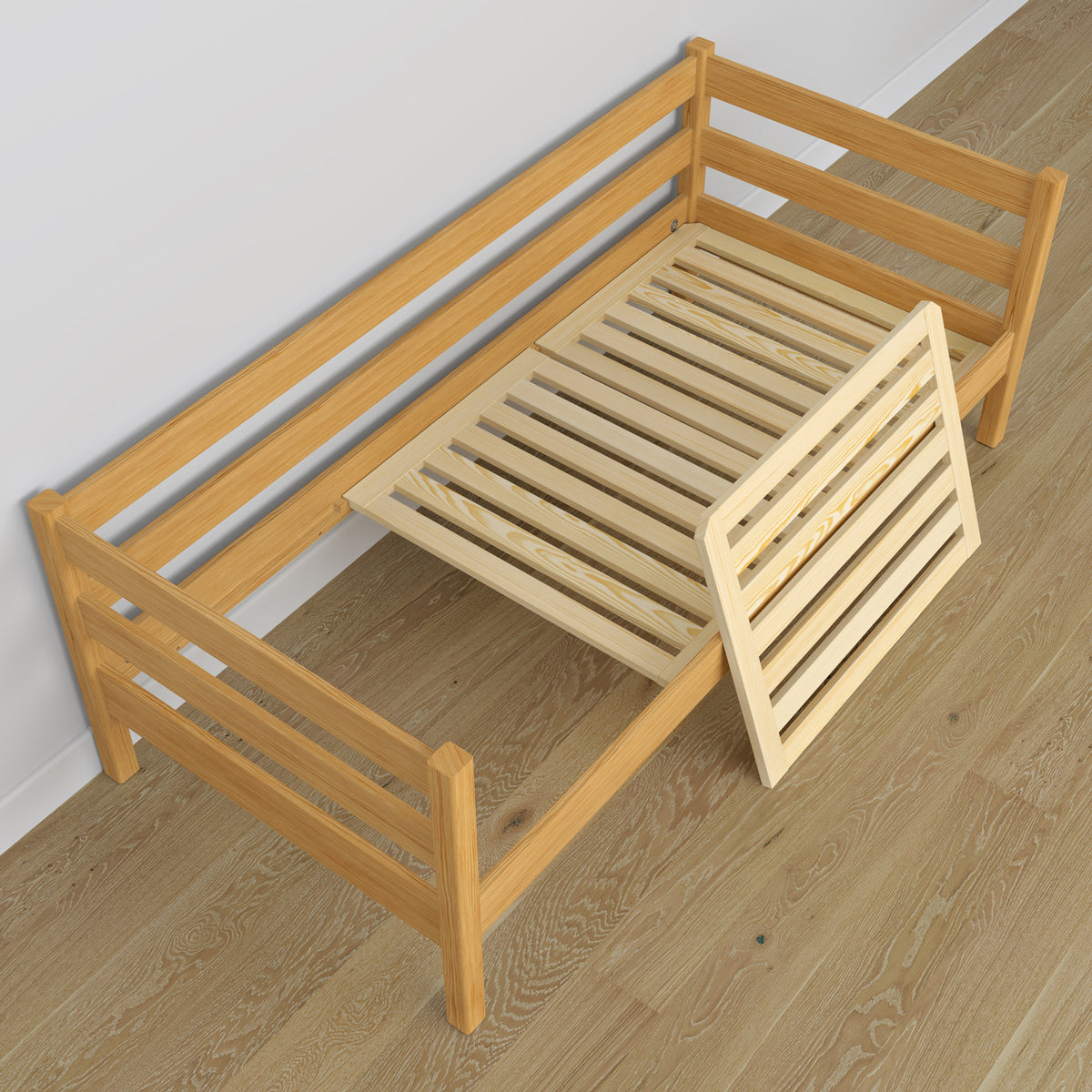 Letto divano in legno pino naturale – vista diagonale, scandi