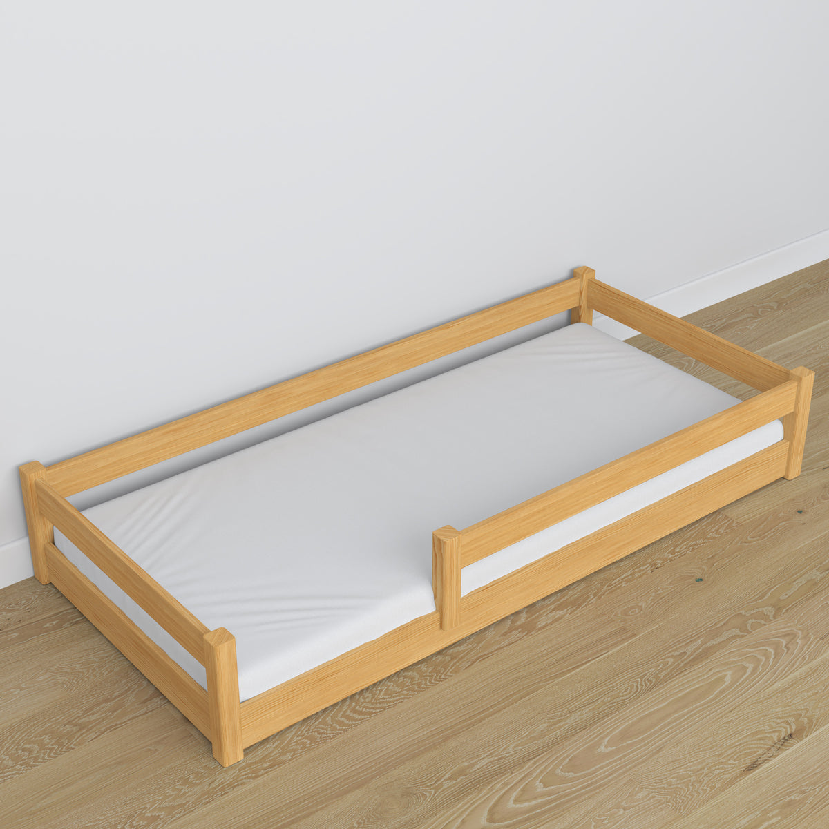 Low Bed Natural Pine in Bedroom – Scandinavian Arrangement, Wooden