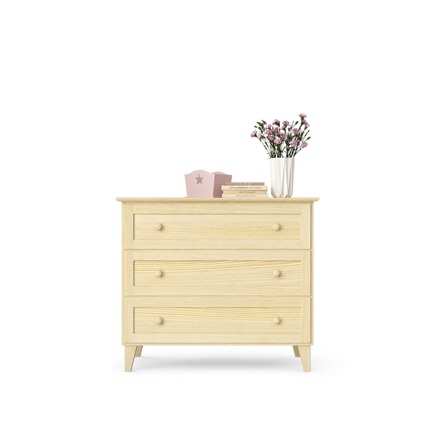 Cassettiera con 3 cassetti in pino trasparente 105 cm – della camera da lettoa, stile scandinavo