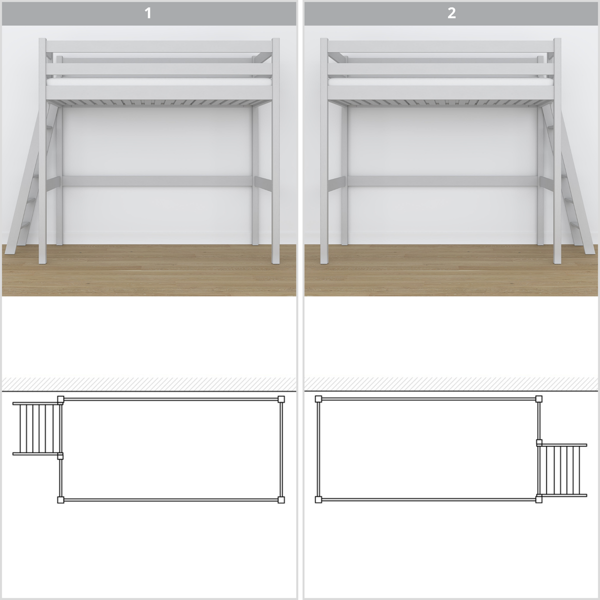 Letto a soppalco in legno grigio – vista dall'alto su posto letto