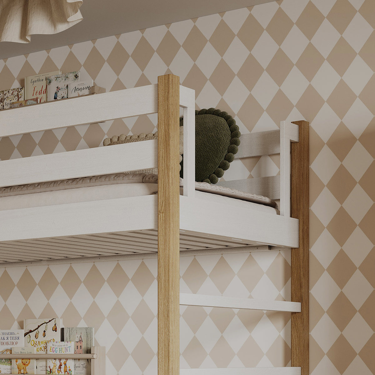 Letto a castello con cassetto bianco-quercia in legno – scandinavo design, Nizio